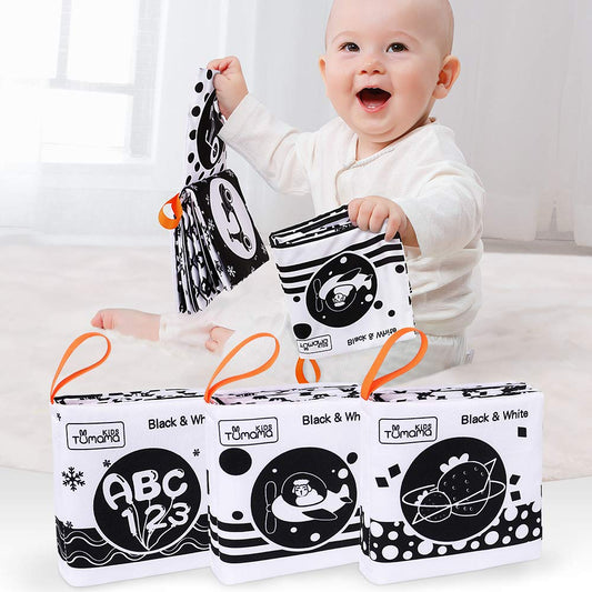 tumama Soft Cloth Books for Babies,My First Soft Books Early Development Soft Toys,Black and White Cloth Books with Animals,Fruit,Number,Shape,Letter Learning Toy for BabyToddler,Infants(3packs) 3packs