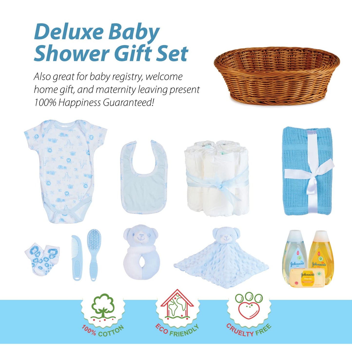 Baby Box Shop - 17 Baby Essentials for Newborn Boy Perfect as Christenings - Baby Boy Gifts, Baby Hamper for Newborn Boy in Rattan Basket (Blue) Standard Blue