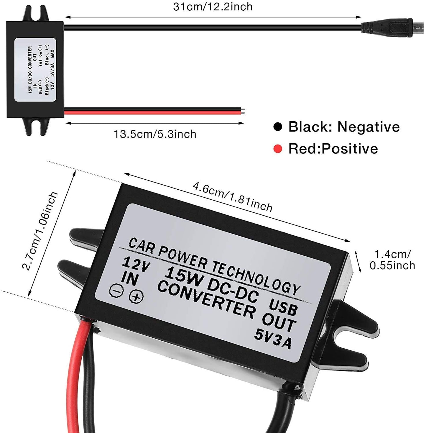 Ytesky 12V to 5V USB Converter DC-DC Step Down Adapter 12V to USB 5V 3A Converter Regulator Cable Wires Car LED Display Power Supply Inventor Buck Converter Step Down Module Transformer Adapter