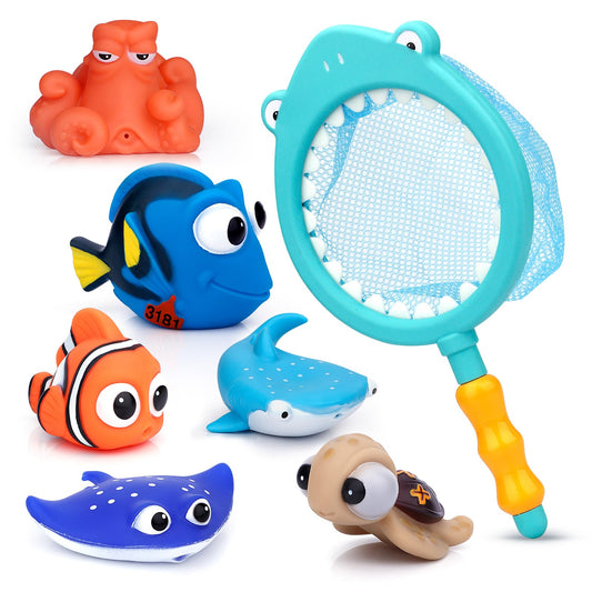 Anzmtosn Water Bath Toys Swimming Pool Baby's Shower Time Cute Fish Toys Happy Water Squirt Spray Bathtub Baby Children Educational Learning Toys, Holiday Stocking Stuffer (6 PCS with Fishing Net)