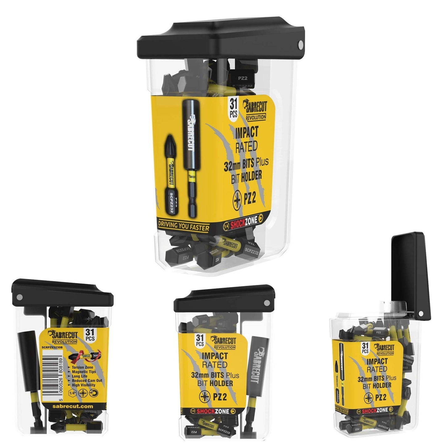 31 x SabreCut SCRPZ23231B 32mm PZ2 and 60mm Impact Bit Holder Magnetic Impact Screwdriver Driver Bits Set Single Ended Pozi Pozidriv