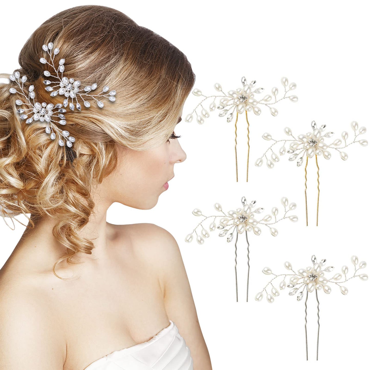 4pcs Bridal Hair Pins Pearl Rhinestone Hair Clips Jewel Hair Accessories for Wedding Prom Headpiece