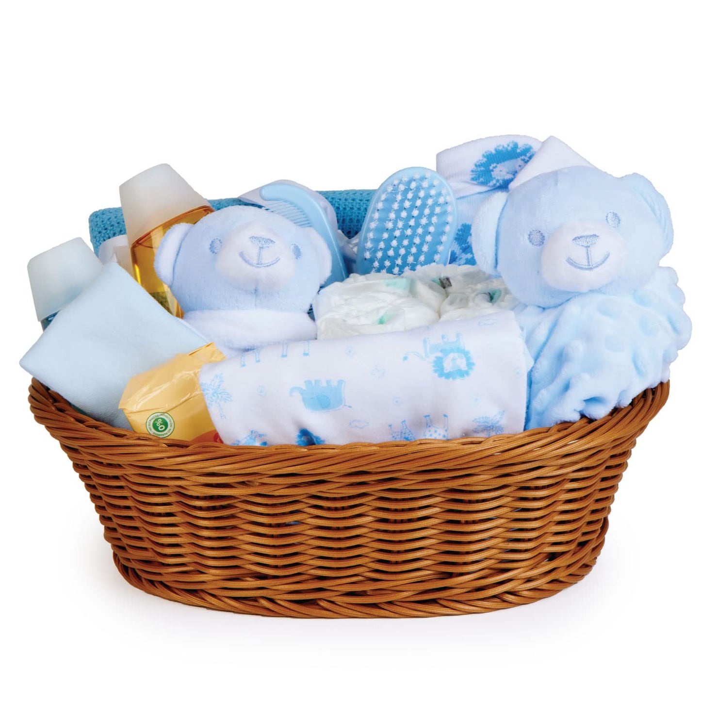 Baby Box Shop - 17 Baby Essentials for Newborn Boy Perfect as Christenings - Baby Boy Gifts, Baby Hamper for Newborn Boy in Rattan Basket (Blue) Standard Blue