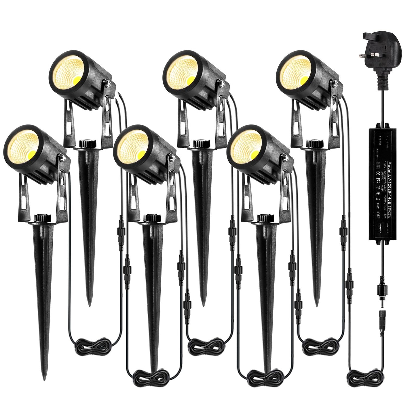 B-right Garden Spotlights Mains Powered,Upgraded Garden Spike Lights Extendable to 12 Garden Uplighters,IP65 Waterproof 12V Low Voltage Outdoor Lights for Pathway Yard Landscape (6Pack,21M,Warm White) Warm White (2700k)