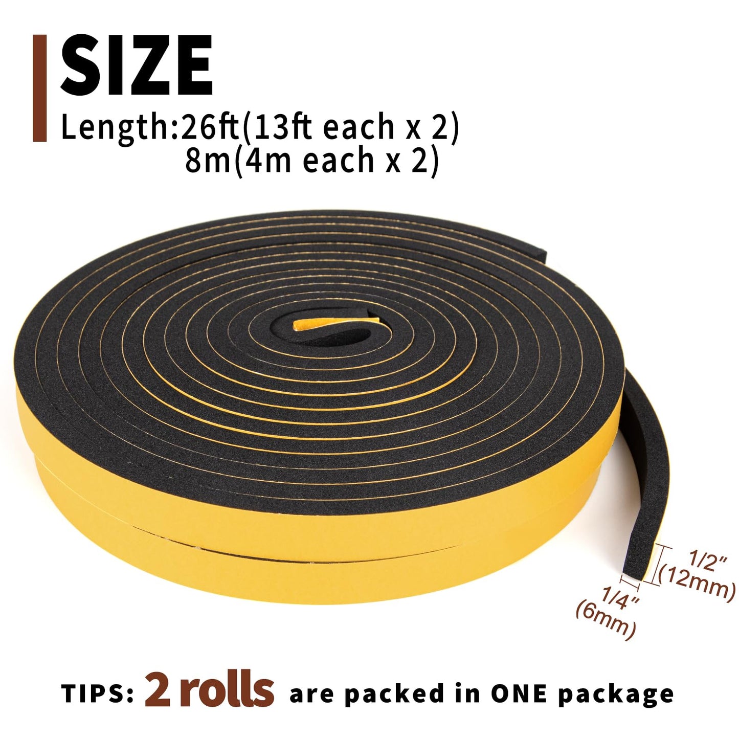 Yotache Draught Excluder Tape for Doors 2 Rolls 12mm Wide X 6mm Thick, Black Foam Seal Tape for Sliding Door Jamb, Front Door Frame Windows Insulation, 8m Length (2 X 4m Each) 12 x 6 mm Black-yellow Backing