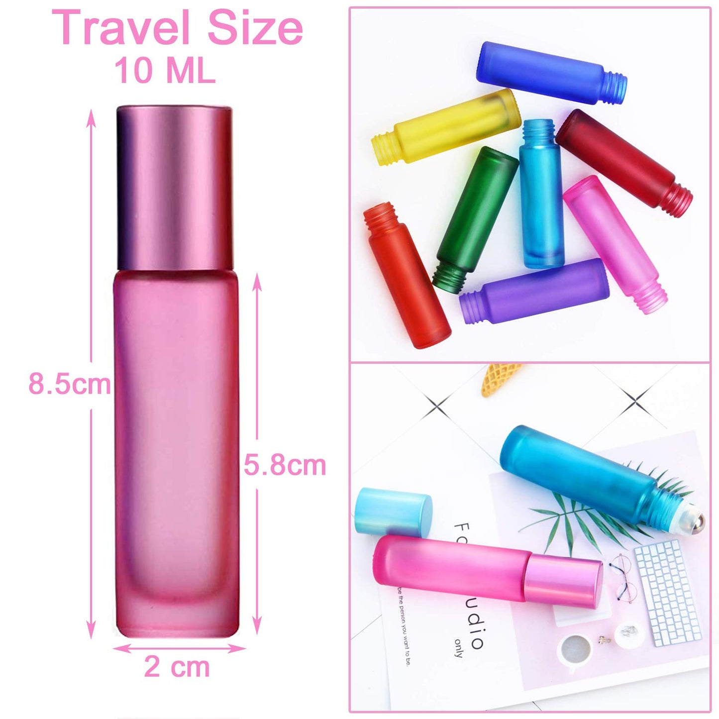 Alledomain 6Pcs, 10ml Essential Oils Roller Bottles, Refillable Empty Colorful Frosted Glass Roll on Bottles with Stainless Steel Ball, Include 1 Dropper & Opener, Perfect for Aromatherapy