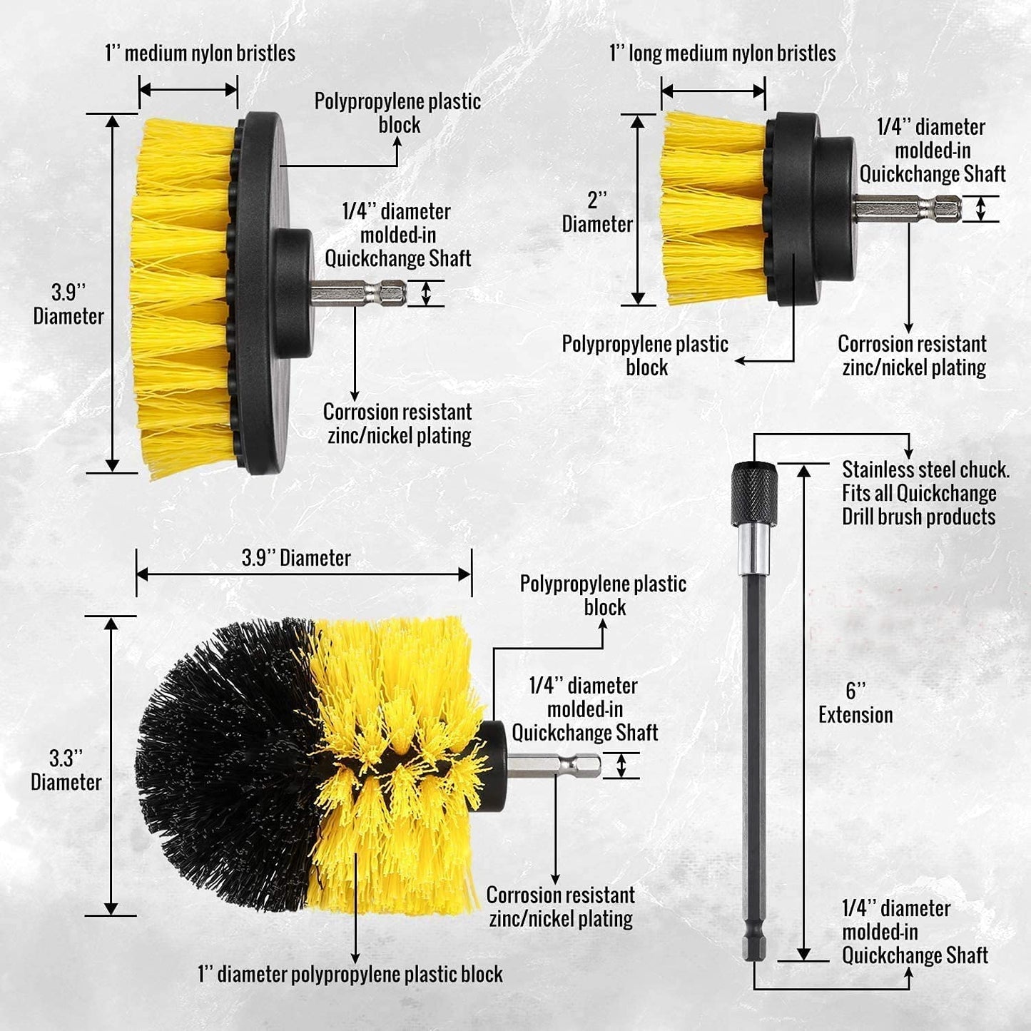 YIHATA Drill Brush Cleaning Brushes Set, 4 Pack Extended Long Attachment Power Scrubber Brushes for Cleaning, Great for Car Carpet Floor Bathroom Toilet Kitchen Ceramic Surface Yellow Yellow1 4 PCS