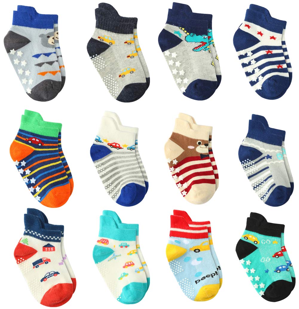 12 Pairs Baby Boy Grip Socks Cotton Non Slip, Newborn Infant Toddler Boy Anti Skid Socks 1-3 Years 12 Pairs