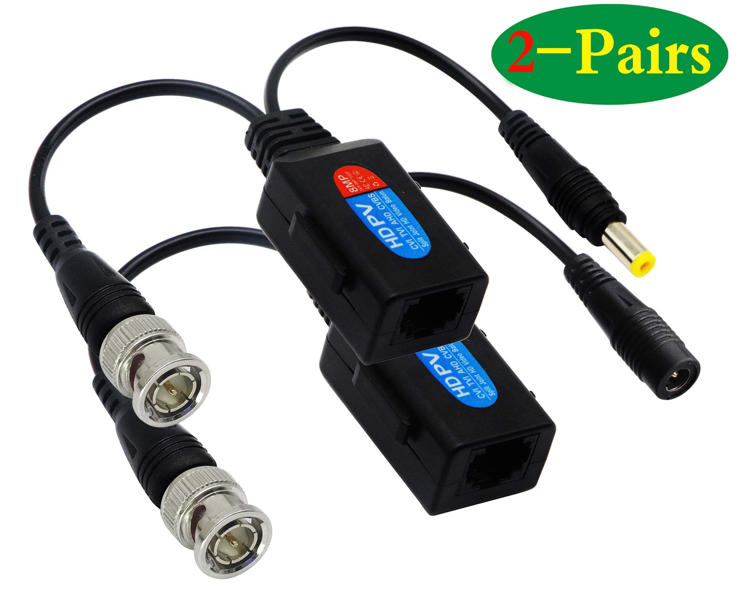 zdyCGTime Balun HD Cat5 RJ45 to BNC Video Baluns transceiver Passive with Power Connector for 720P 1080P 3MP 4MP 5MP HD-CVI/TVI/AHD/CVBS/960H Camera(2 Pairs)