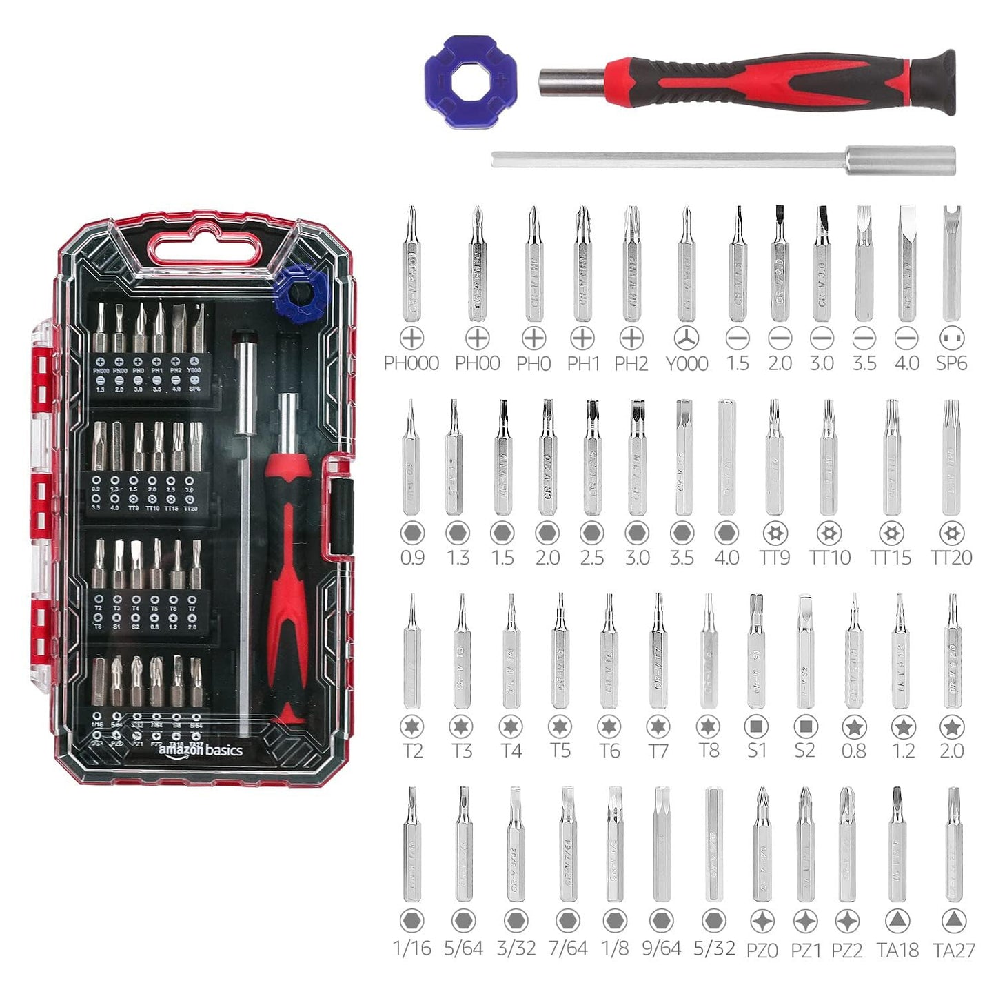 Amazon Basics 51-Piece Precision Screwdriver Bit Set, Black, Red, Silver