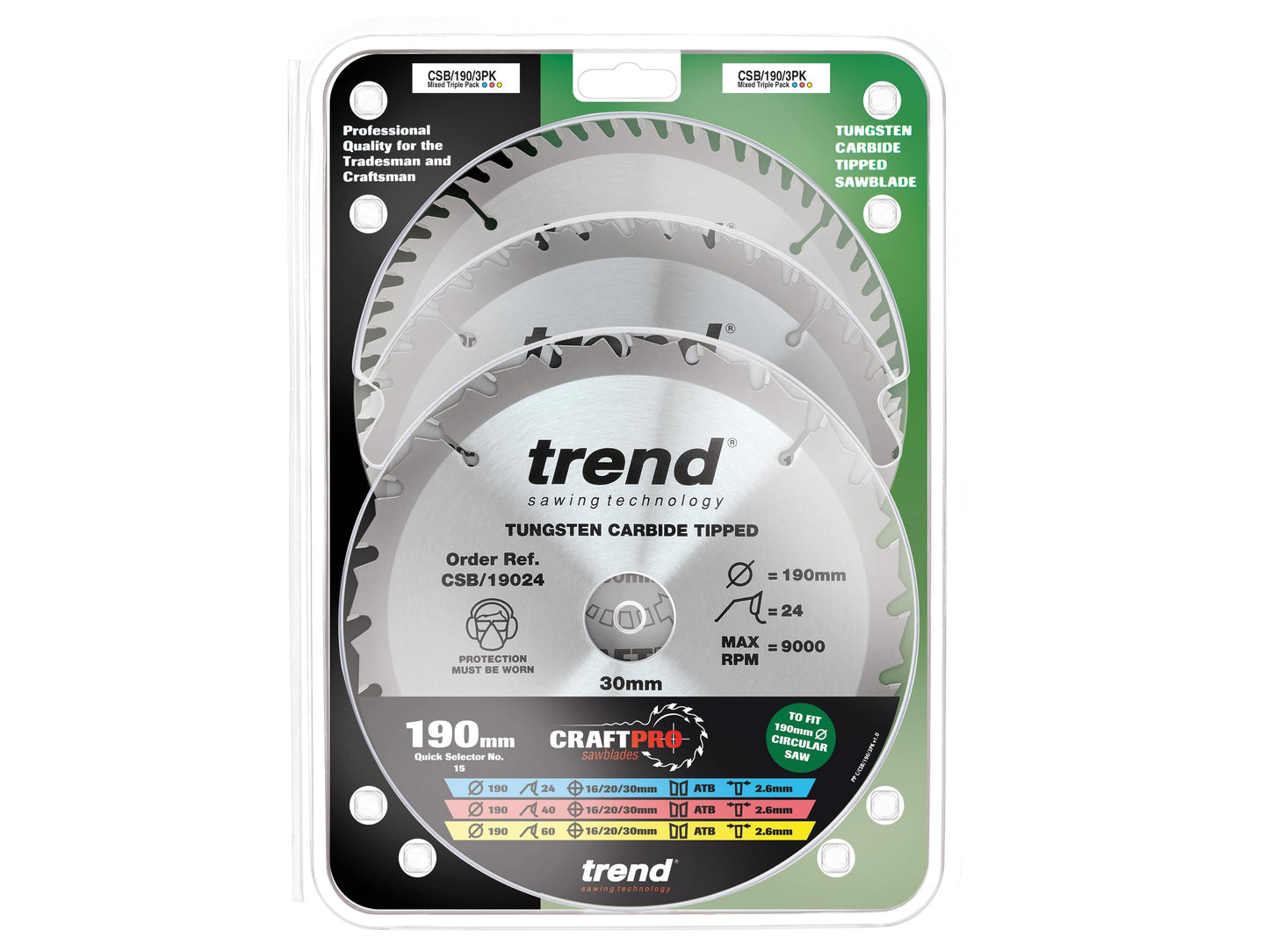 Trend Wood Circular Saw Blades, 190mm Diameter, 30mm Bore, 24/40/60 Teeth, 2.6mm Kerf, +15° Hook, TCT, Medium/Fine/Extra-Fine Finish, 3 Pack, CSB/190/3PK 190mm Dia. Triple Pack