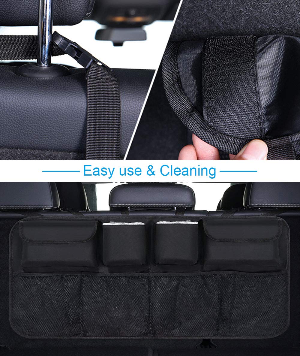 URAQT Car Boot Organiser Waterproof Kick Mats Car Organiser Seat Back Protectors, Multi-Pocket Children's Travel Storage, Durable Foldable Cargo Net Storage for Car Backseat Cover Black 87x45cm