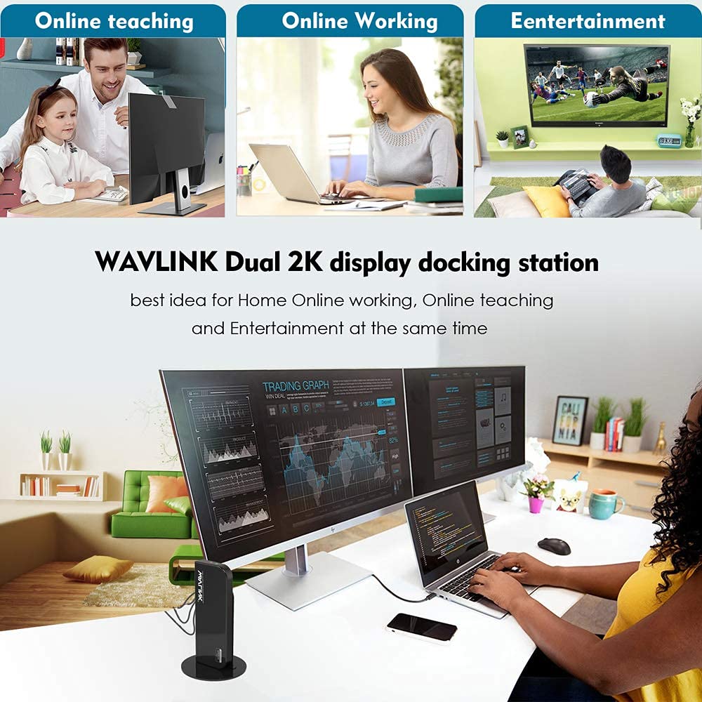 WAVLINK USB 3.0 Universal Dual Display Laptop Docking Station, Support HDMI/DVI/VGA(up to 2048x1152), 6 USB Ports, Gigabit Ethernet, Vertical Stand, Audio Output/Input for Laptop/PC/Mac/Windows Dual Display Docking Station