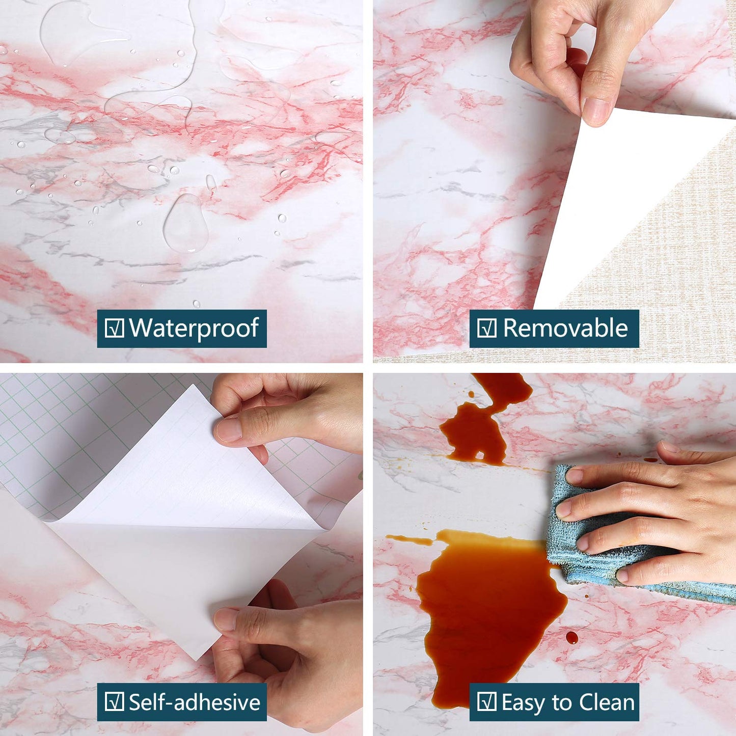 VEELIKE Marble Wallpaper Sticky Back Plastic Roll 40cm x 300cm Granite Washable Wallpaper Oilproof White and Pink Self Adhesive Contact Paper Vinyl Film for Worktop Drawer Table 40W x 300L cm