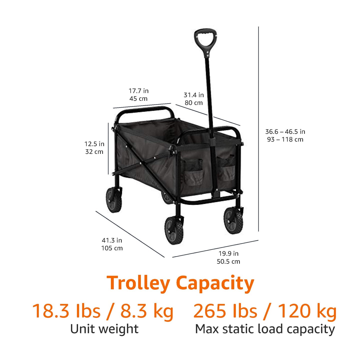 Amazon Basics Collapsible, Height Adjustable & Foldable Outdoor Garden Utility Wagon / Trolley with Cover Bag, Black