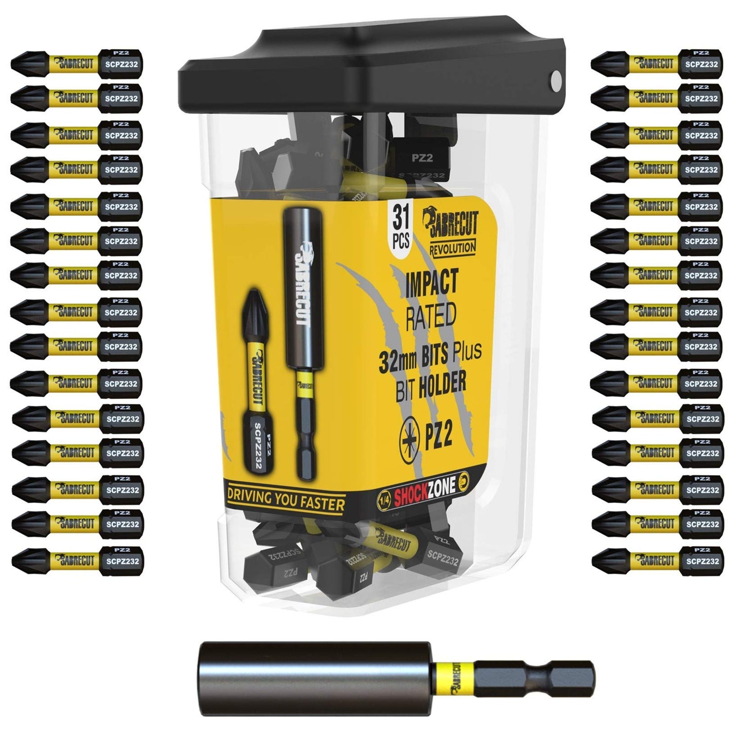 31 x SabreCut SCRPZ23231B 32mm PZ2 and 60mm Impact Bit Holder Magnetic Impact Screwdriver Driver Bits Set Single Ended Pozi Pozidriv