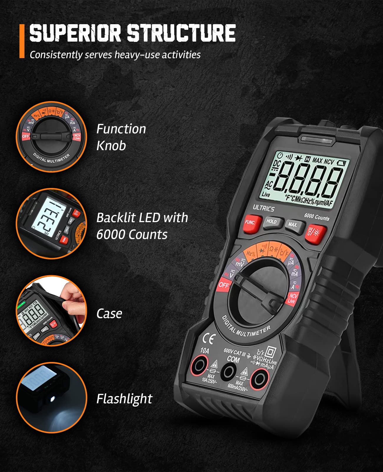 ULTRICS Digital Multimeter, Auto Ranging Multi Tester Voltmeter Ammeter Ohmmeter TRMS 6000 Counts, Test Meter with Leads, Backlit LCD Measures OHM AC/DC Voltage Current Resistance Continuity Diode