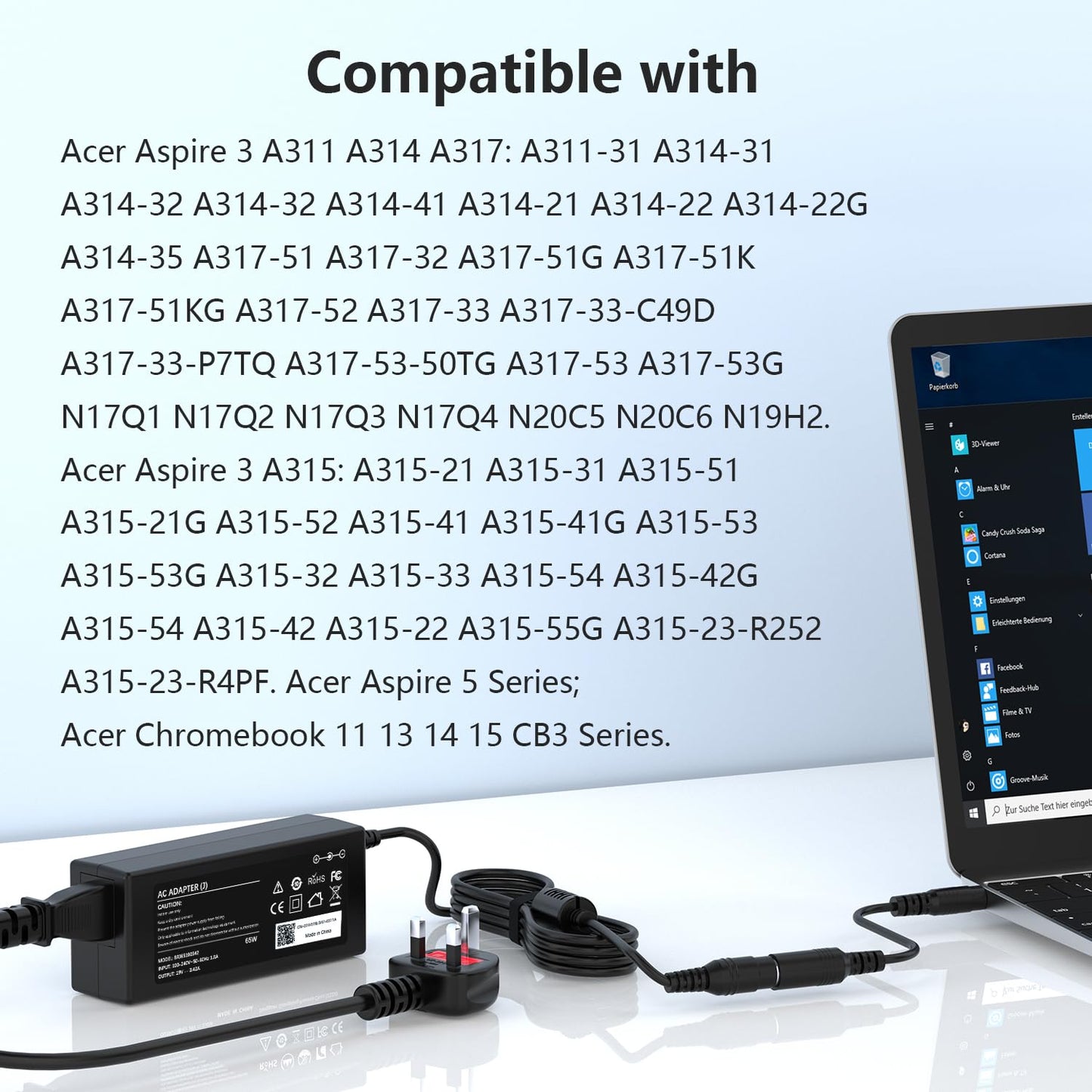 65W Acer Laptop Charger for All Acer Laptop, for Acer Aspire 1 3 5 6 A314 A315 A317 A514 A515 E3 E5 E15 ES1 ES15 PA-1450-26 A13-045N2A, Swift 1 3 5, Chromebook 11 13 14 15 R11, Spin 1 3 5 Power Supply