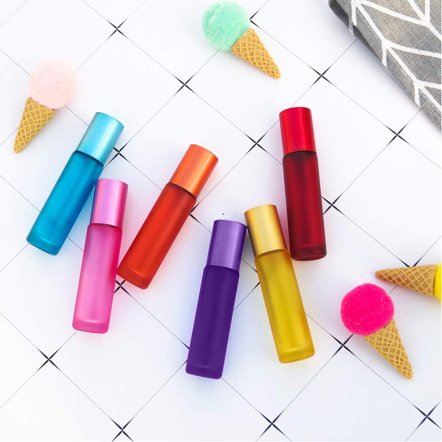 Alledomain 6Pcs, 10ml Essential Oils Roller Bottles, Refillable Empty Colorful Frosted Glass Roll on Bottles with Stainless Steel Ball, Include 1 Dropper & Opener, Perfect for Aromatherapy