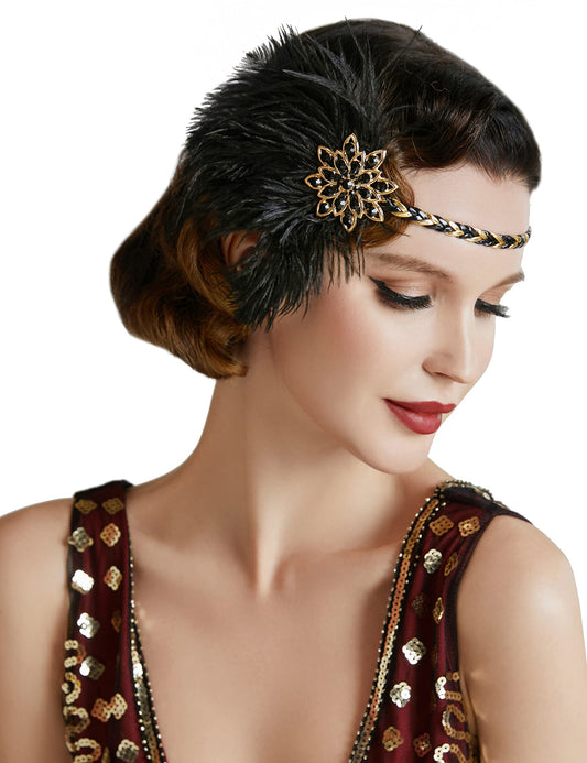 BABEYOND 1920s Vintage Headband Roaring 20s Flapper Headpiece with Feather 1920s Great Gatsby Costume Accesories Blackgold