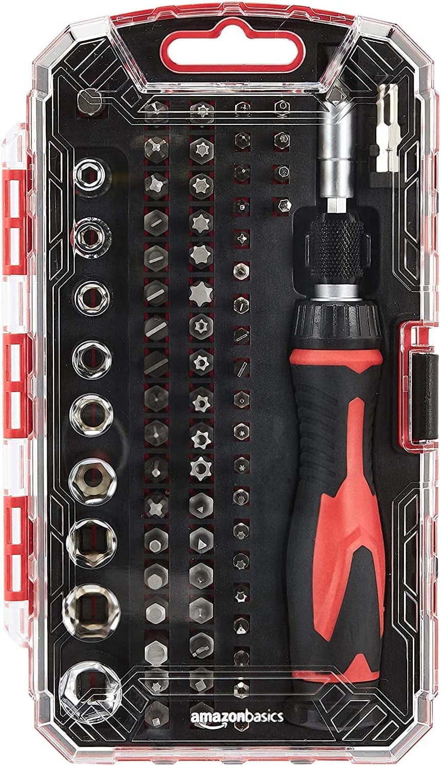 Amazon Basics 73-Piece Magnetic Ratcheting Wrench and Electronics Precision Screwdriver Set, Black, Red, Silver Wrench and Driver