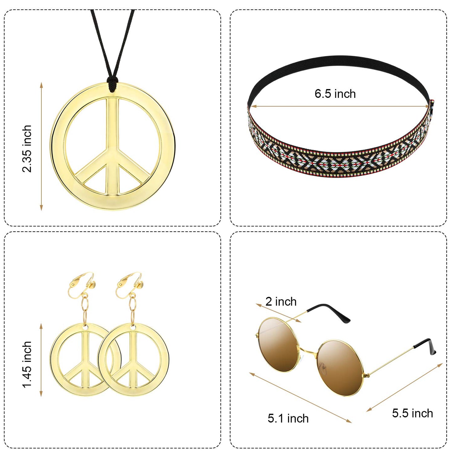 WILLBOND 4 Pcs 70s Accessories Women Hippie Costume Set Hippie Sunglasses, Peace Sign Necklace Earrings, Bohemia Headband 70s Outfits for Halloween Women 70s 60s Party Accessories