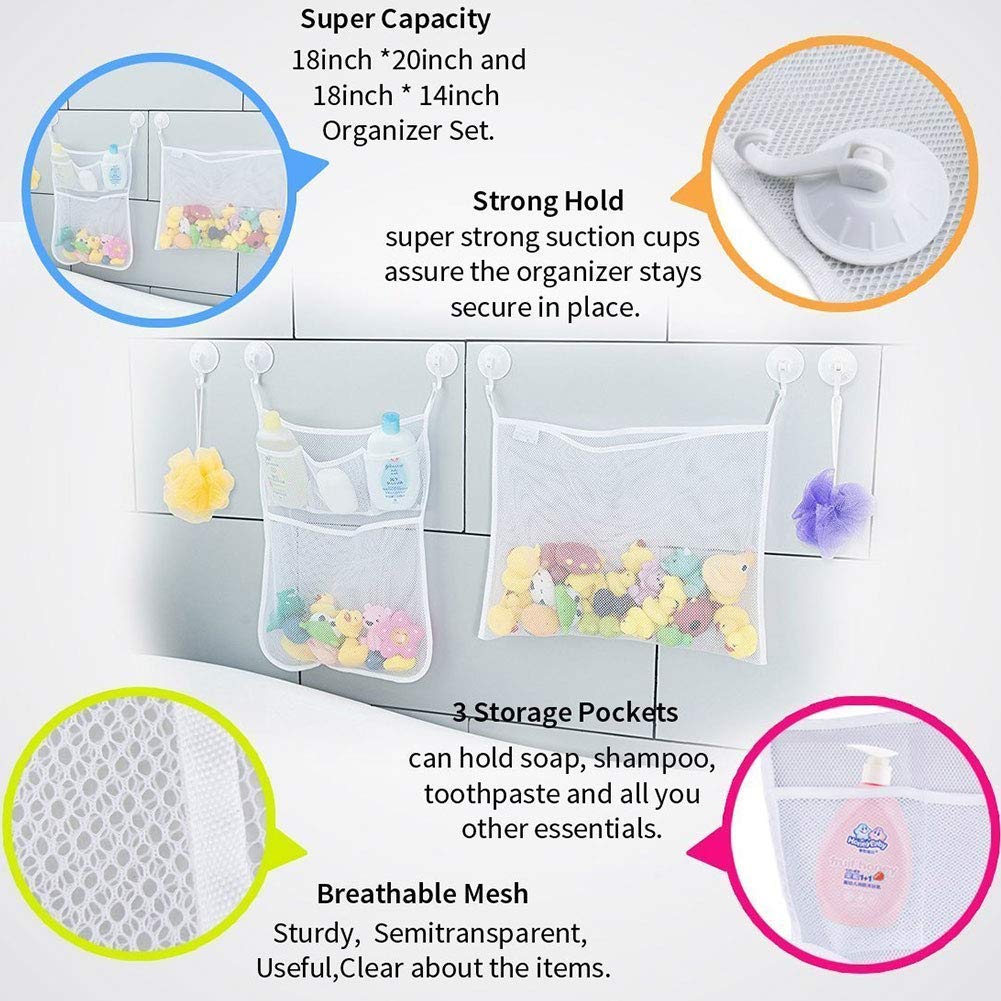 2 x Mesh Baby Bath Toy Storage + 36 Bath Toys Letters and Numbers - Toddlers Large Toy Organiser Net Bag for Baby Boys & Girls and Shower Caddy Bonuses: 6 Ultra Strong Suction Hooks (White)