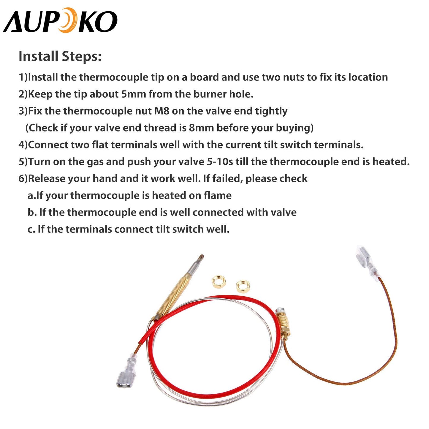 Aupoko Patio Heater Thermocouple, Outdoor Heater Replacement Parts M8 x 1 End Connection Nuts Thermocouple 410 mm Length M6 x 0.75 Head Thread with 6.3 MM/0.25'' Flat Terminal