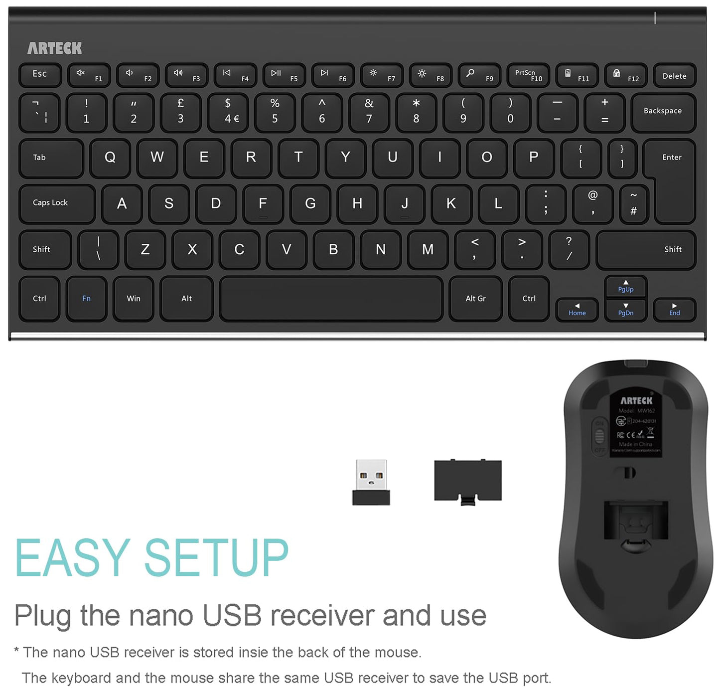 Arteck 2.4G Wireless Keyboard and Mouse Combo QWERTY UK Layout Compact Stainless Full Size Keyboard and Ergonomic Mouse for Computer/Desktop/PC/Laptop and Windows 10/8/7 Build in Rechargeable Battery