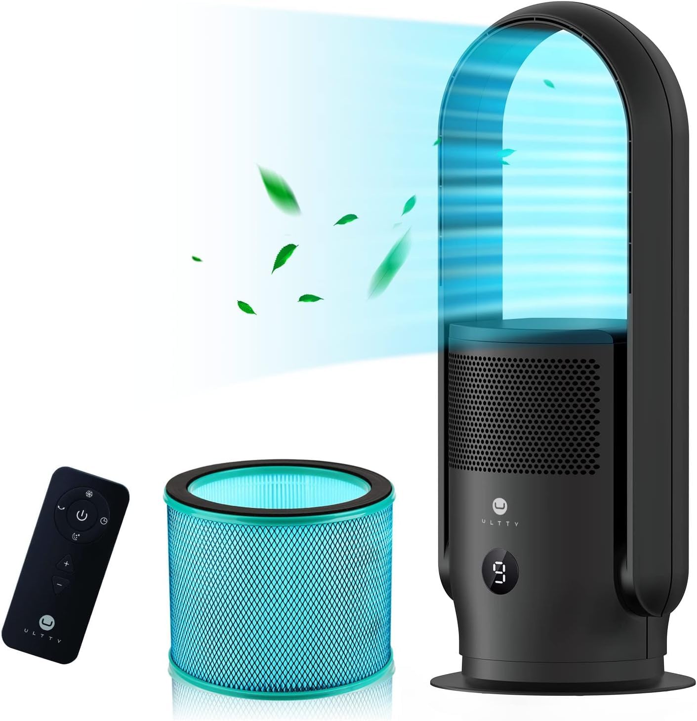 Ultty Bladeless Tower Fan with Air Purifier, Bladeless Fan Portable Air Purifier Fan with Remote, Touch, Timer, HEPA Filter, 90° Oscillating Tower Fan 9 Speeds, 3 Modes CR021, Black Medium