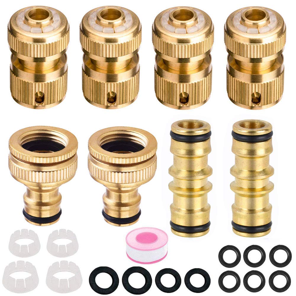 Abimars 8 Pack Brass Garden Hose Tap Connector Kit for Join Garden Hose Pipe Tube, 2 Double Male Connector,4 Hose 1/2"End Quick Connect,2 Hose Tap Connector 8PCS