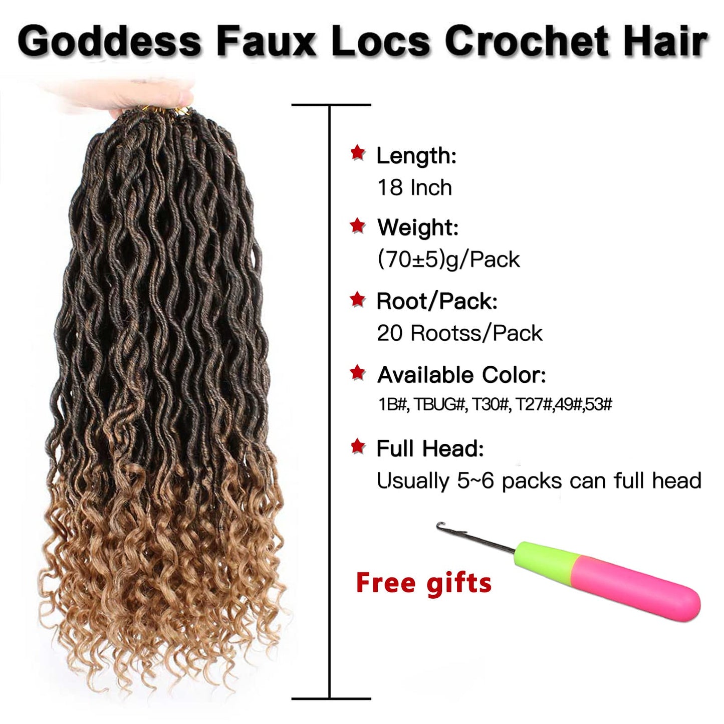 Xtrend 18 Inch 6 Packs Goddess Faux Locs Crochet Braids Curly Ends Wavy Synthetic Braiding Hair Extension for Black Women Dreadlock Braiding Hair Color 20 Strands/Pack T27# 18 Inch (Pack of 6) T27#