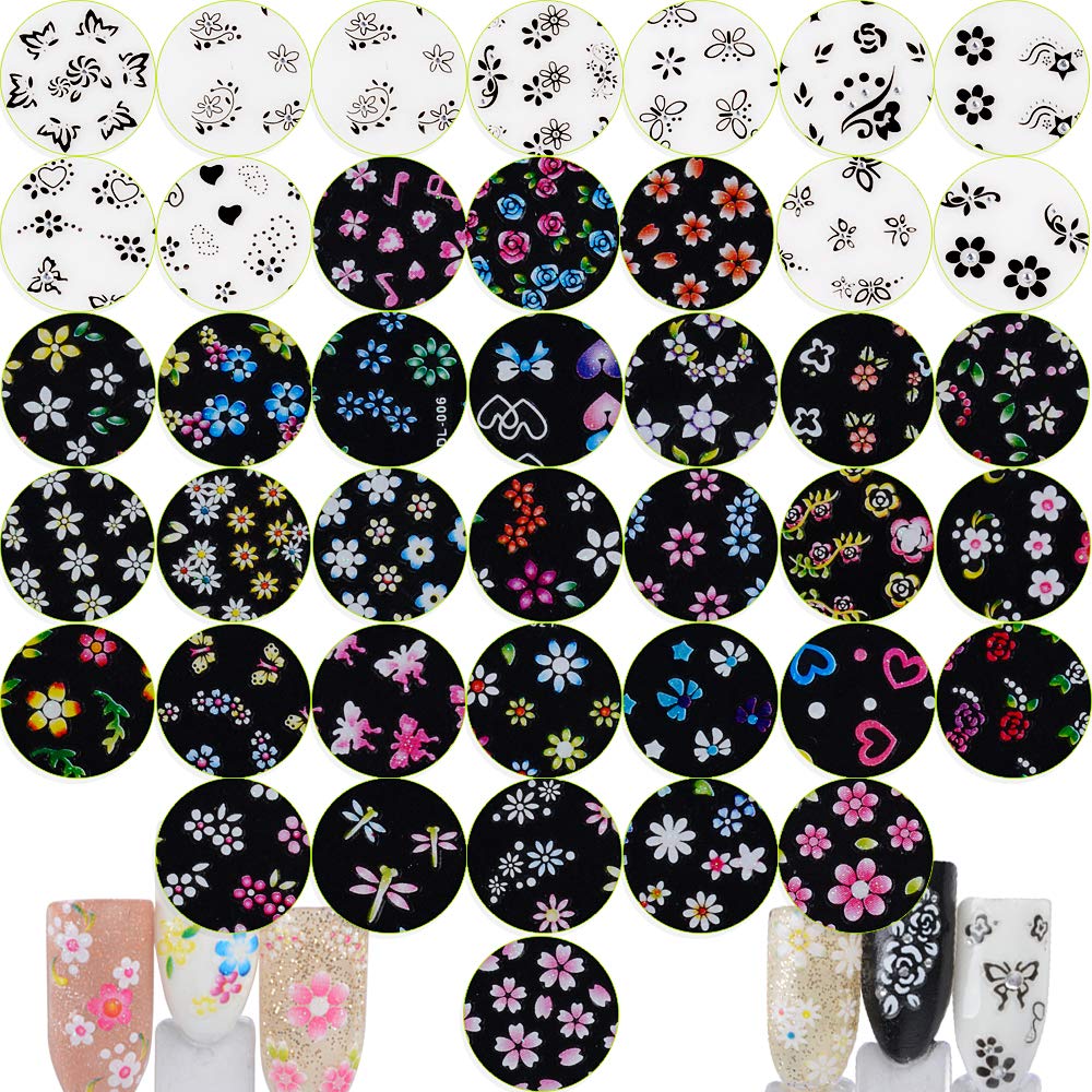 90 Sheets 3D Self-adhesive Nail Art Stickers for Gel Nails - Nail Stickers for Nail Art, Flower Nail Decals Stickers for Women Girls - Various Floral Patterns