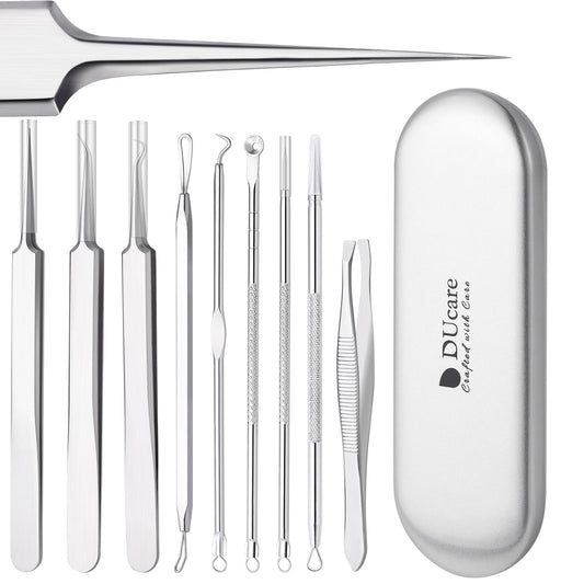 9Pcs Pimple Popper Blackhead Remover Tool by DUcare, Professional Comedone Extractor Kit Hair Eyebrow Tweezers Set for Remove Acne Whitehead Spot Pimple Zit Ingrown 9pcs