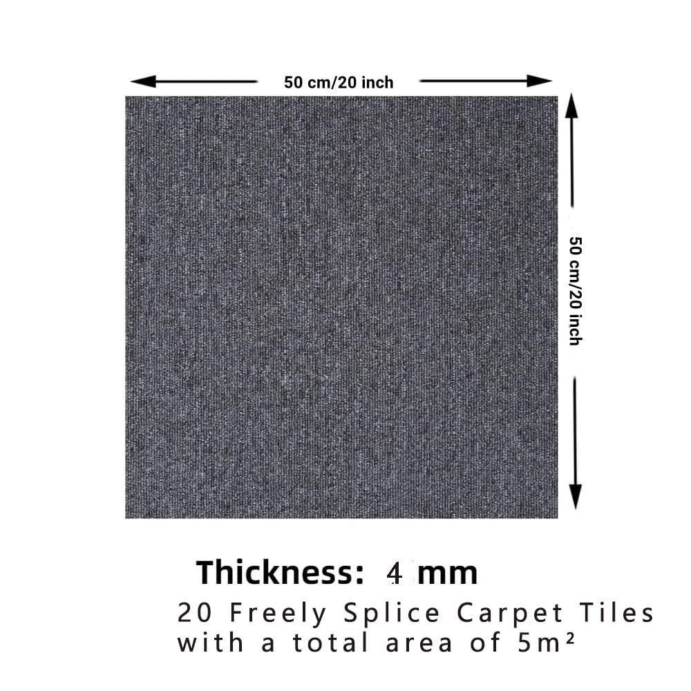 uyoyous Pack of 20 Freely Splice Carpet Tiles with Tapes 50 x 50 cm Heavy Duty Commercial Carpet Repeated Use Non-Slip for Office Bedroom with Bitumen Backing Dark Grey 5㎡