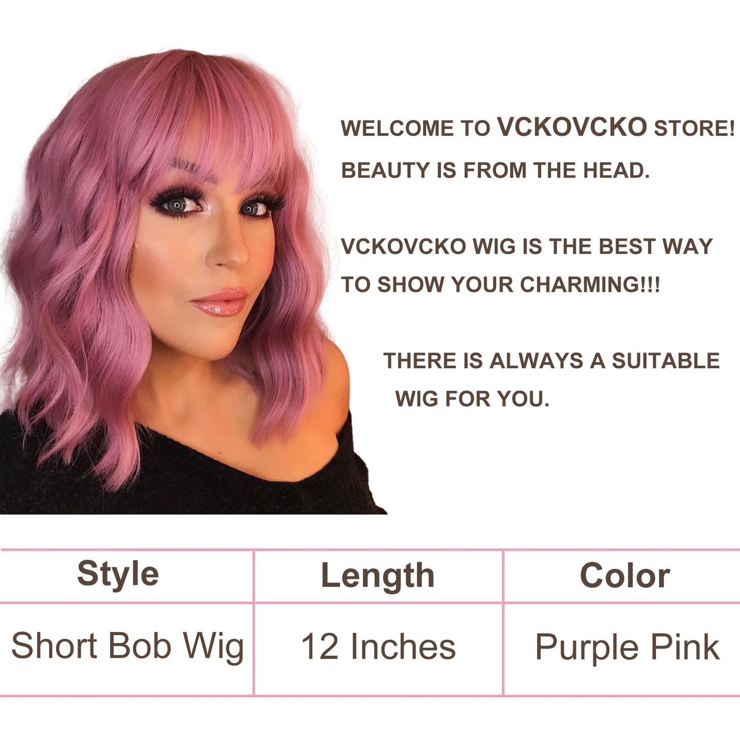 VCKOVCKO Pastel Wavy Wig With Air Bangs Women's Short Bob Purple Pink Wig Curly Wavy Shoulder Length Synthetic Cosplay Colorful Wigs for Girls (12",Purple Pink) A-Purple Pink