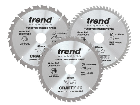 Trend Wood Circular Saw Blades, 190mm Diameter, 30mm Bore, 24/40/60 Teeth, 2.6mm Kerf, +15° Hook, TCT, Medium/Fine/Extra-Fine Finish, 3 Pack, CSB/190/3PK 190mm Dia. Triple Pack