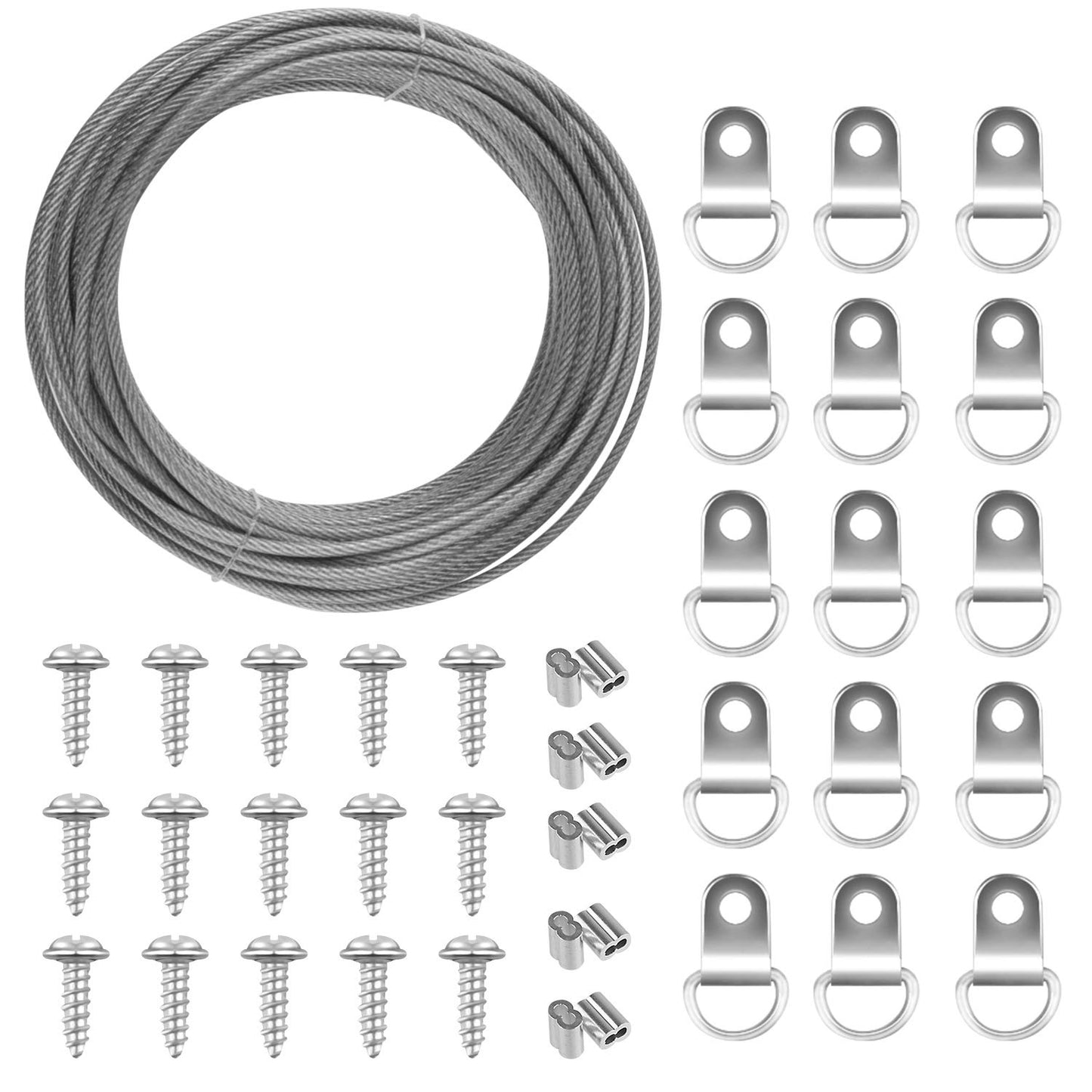 TUPARKA 2mm x 10m Stainless Steel Picture Hanging Wire Picture Cord for Mirror Picture Hanging Fixings with 10 Crimp Tube 15 D-Ring Picture Frame Hanging Hooks and Screws (Up to 30 KG)