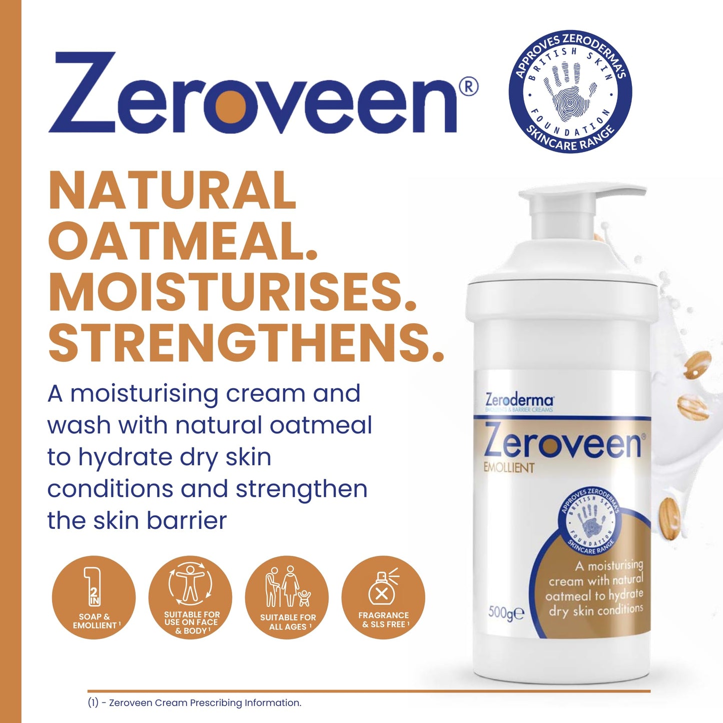 Zeroderma Zeroveen Emollient Cream, 2-in-1 Moisturiser & Soap Substitute, with Natural Oatmeal, Hydration for Dry Skin such as Eczema & other Dry Skin Conditions. 500g 500 g (Pack of 1)