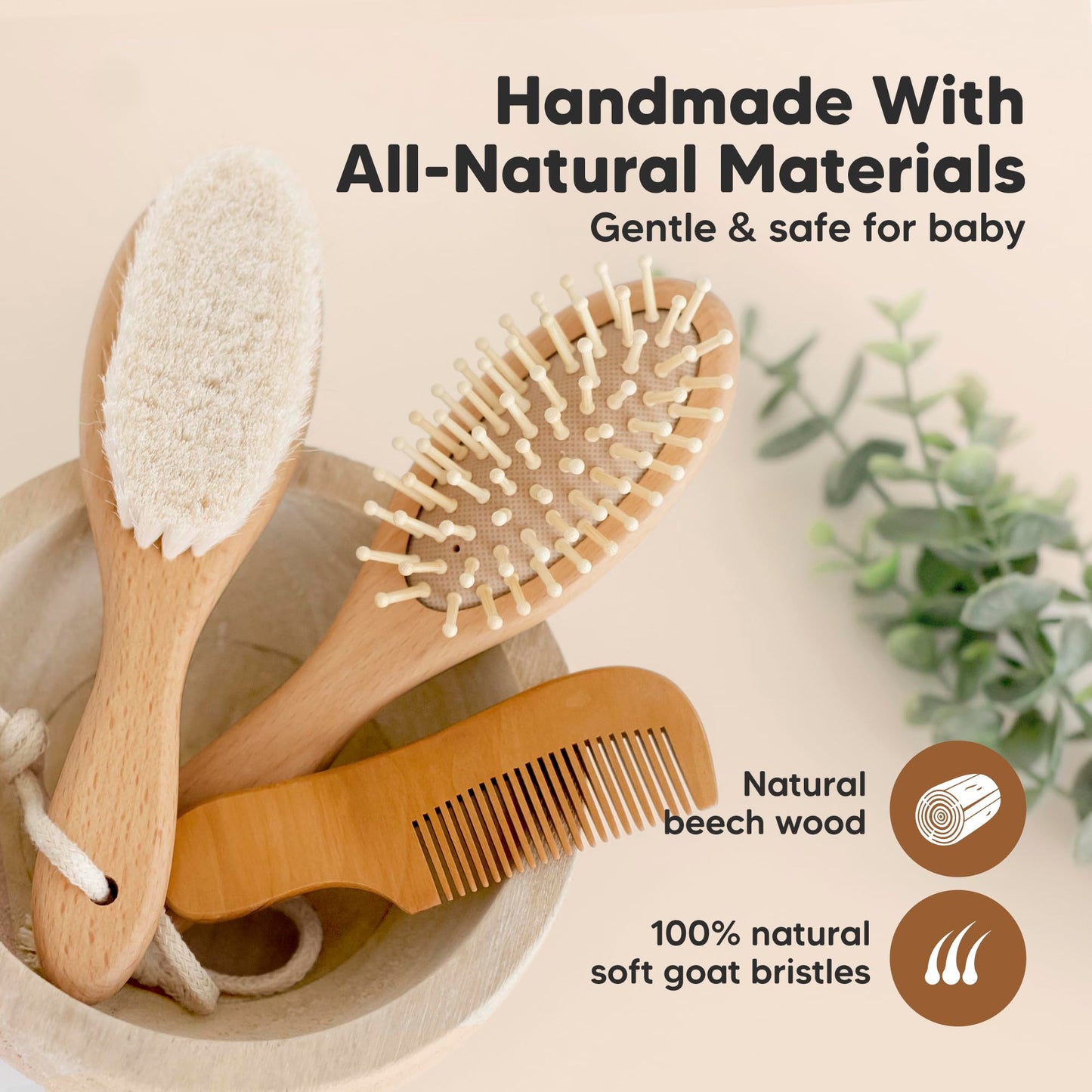 Baby Hair Brush and Baby Comb Set - Wooden Baby Brush with Soft Goat Bristle - Toddler Hair Brush Baby Brush and Comb Set - Baby Brush Set for Newborns - Infant Hair Brush, Cradle Cap (Oval, Walnut) 3 Count (Pack of 1)