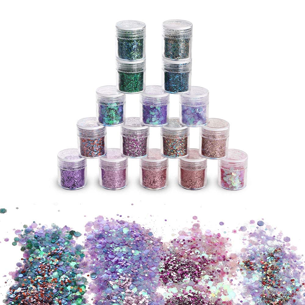 URAQT 16pcs Chunky Glitter Beauty Set for Body Cheeks and Hair, Festival and Party, Face and Nails Beauty Makeup,B 16Color#B