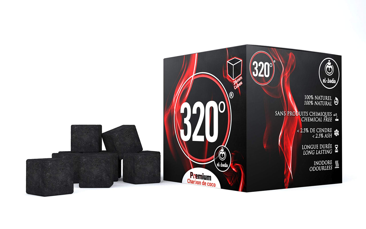 320° Premium Shisha Coconut Charcoal Coal (26mm Cube) for Hookah BBQ - 1 kg - 64 Pieces Nicotine Free