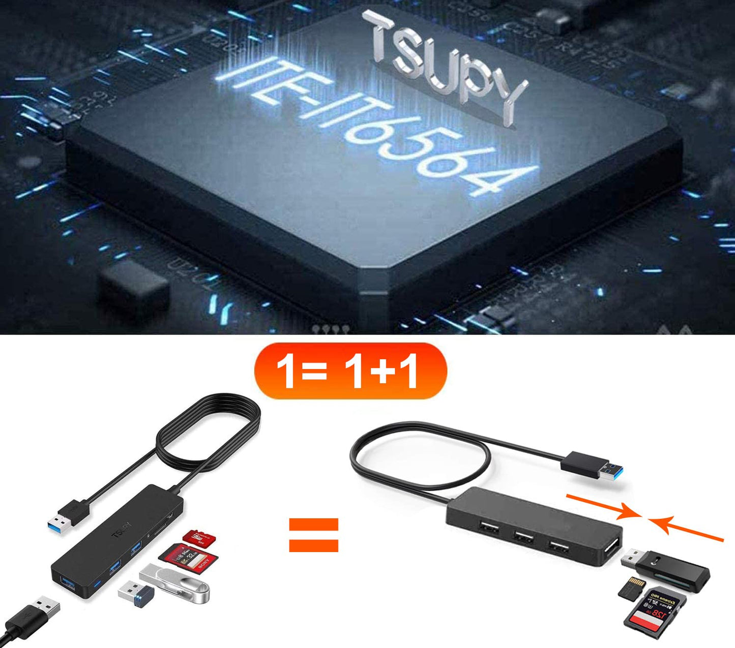 TSUPY USB Hub 3.0, 5 in 1 USB Hub Card Reader with 120cm Extension Cable, 3 x USB 3.0 Ports + SD/TF Card Reader USB Extender Hub for PC, Laptop, Flash Drives, PS4, HDD and More 1.2M câble