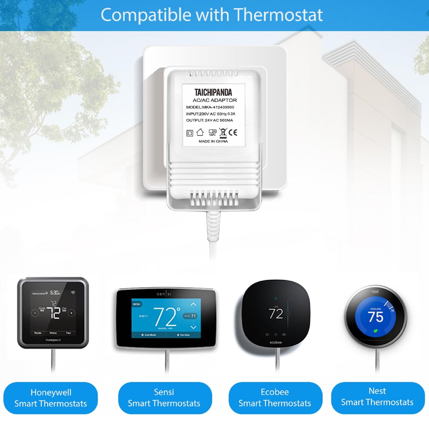 24V 500MA Transformer, AC Power Supply Compatible with All Versions of Ring Doorbell and Nest Learning Thermostat Ecobee, Honeywell, C Wire Adapter with 8M (315") Long Cable