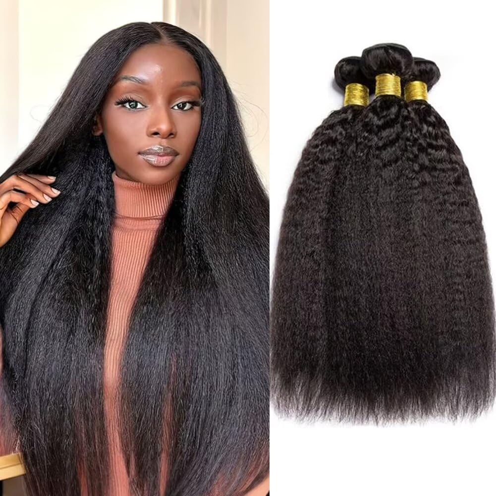 UNILO human hair bundles 12A, yaki straight bundles human hair Brazilian kinky straight hair bundles 8 10 12 Inch Total 300G Double Weft Sewing no shedding hair.