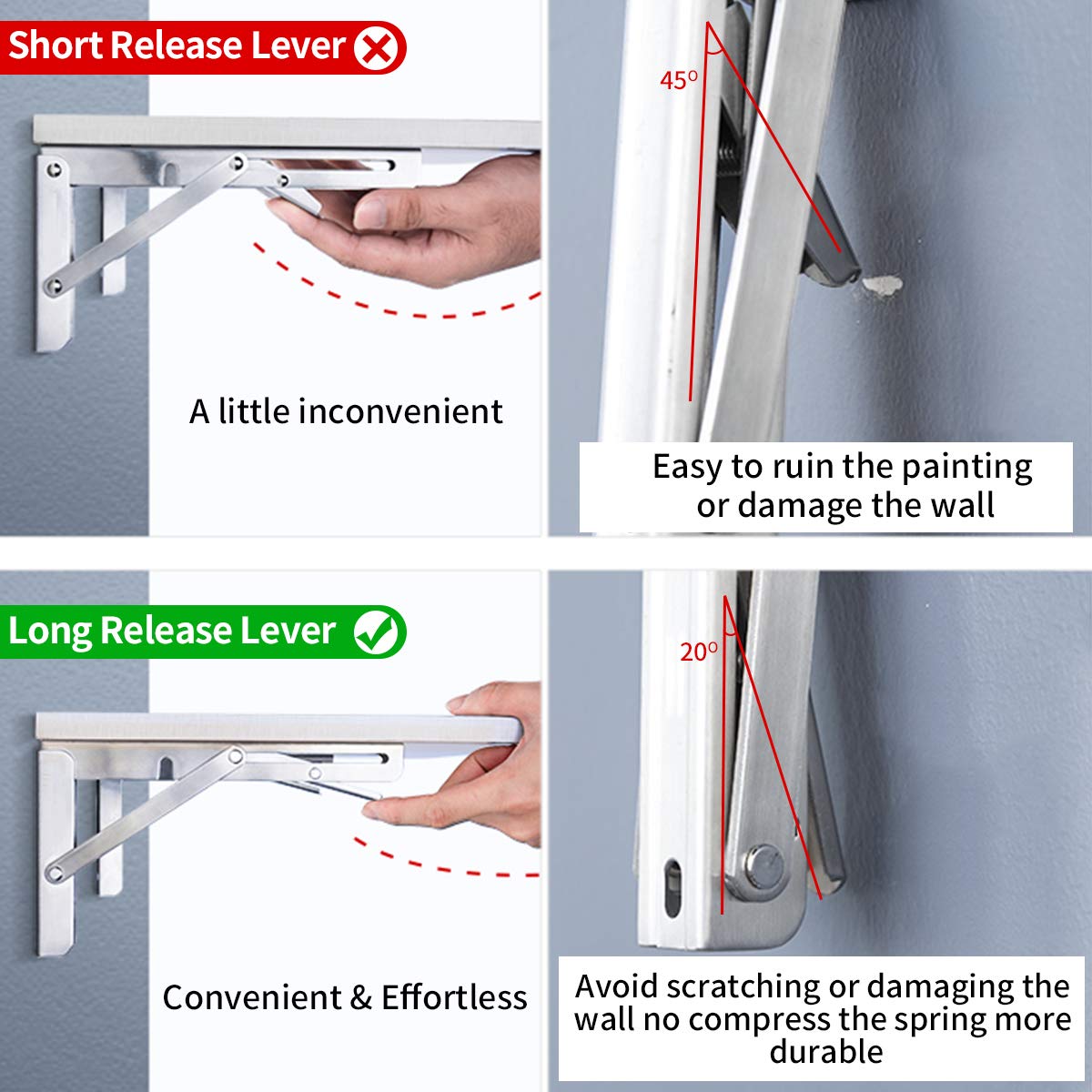 YUMORE Folding Shelf Bracket 12",Heavy Duty Foldable Shelf Brackets Stainless Steel Wall Mounted Collapsible Triangle Brackets for Floating Table DIY Countertop Support, Max Load 330lbs, Pack of 2 12inch Silver