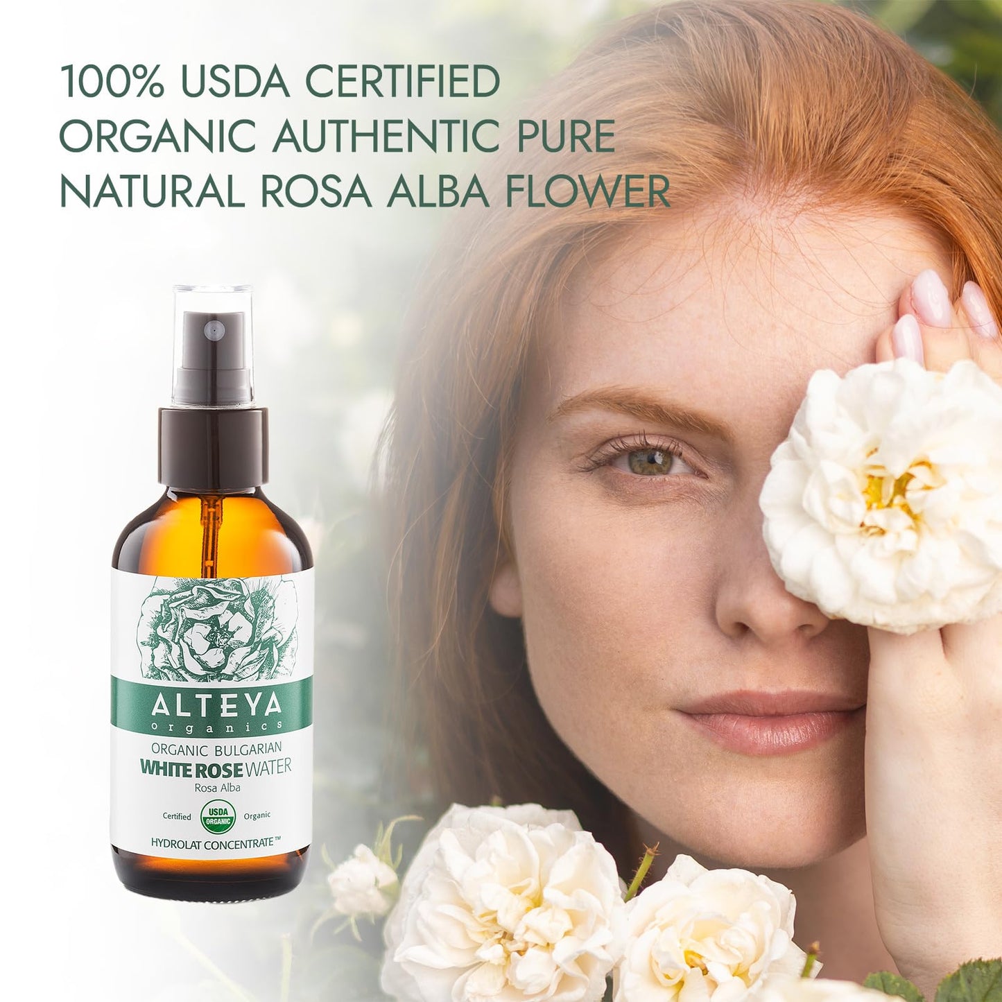 Alteya Organic White Rose Water Spray 120ml Glass - Pure Organic Rosa Alba Hydrolat - USDA Certified Organic - Sensitive Skin - Face Toner, Revitalizing Body, Condition Hair & Scalp 120 ml (Pack of 1)