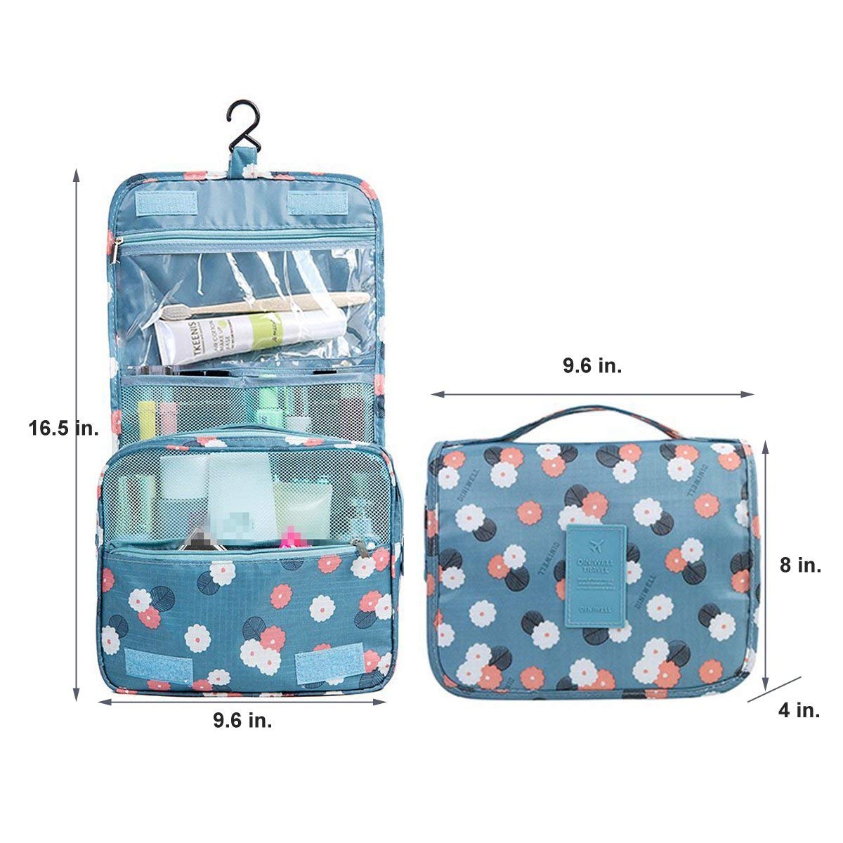 Travel Hanging Toiletry Bag Wash Bag Makeup Cosmetic Pouch with Hook for Women Girls Kids Waterproof (Blue Flower) Blue Flower