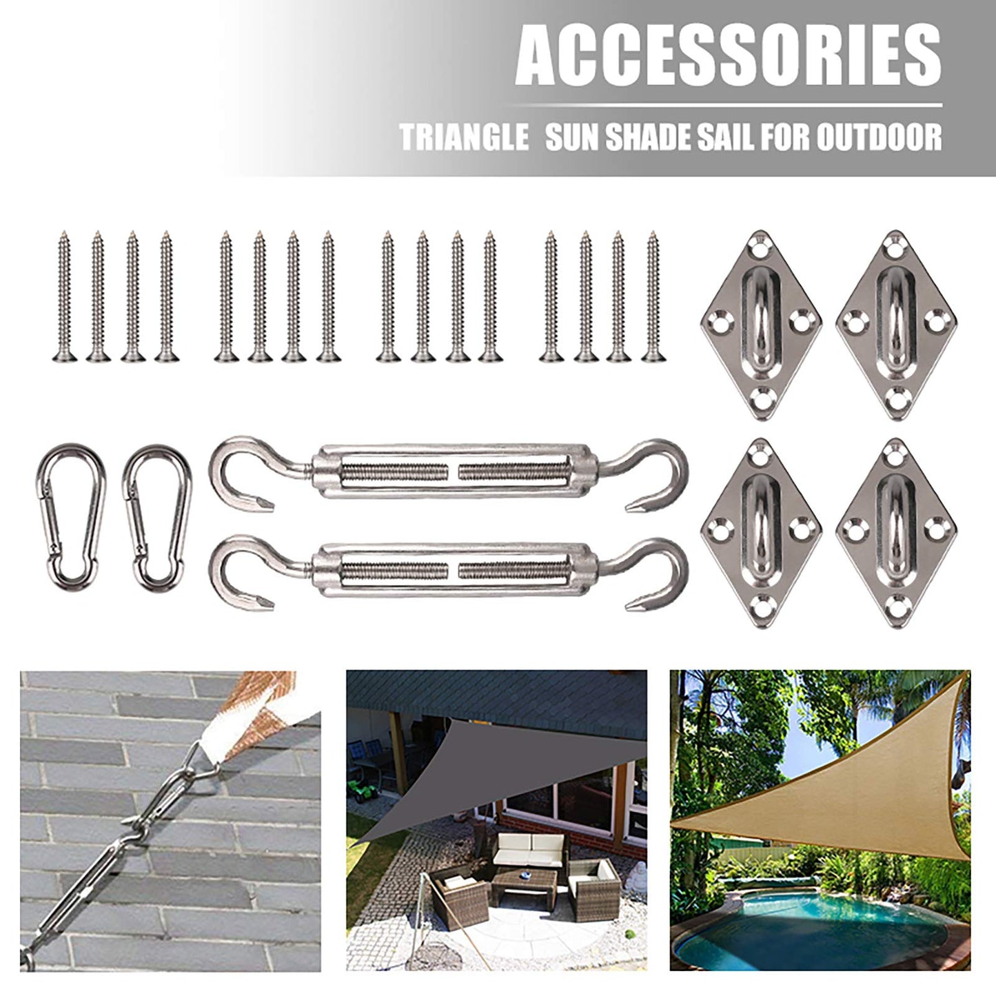 Yeahmart Heavy Duty Sun Shade Sail Fixing Kit for Garden Triangle and Square, Rectangle, 304 Stainless Steel Sun Shade Sail Fixing Hardware Accessories Kit Anti-Rust 24 Pcs