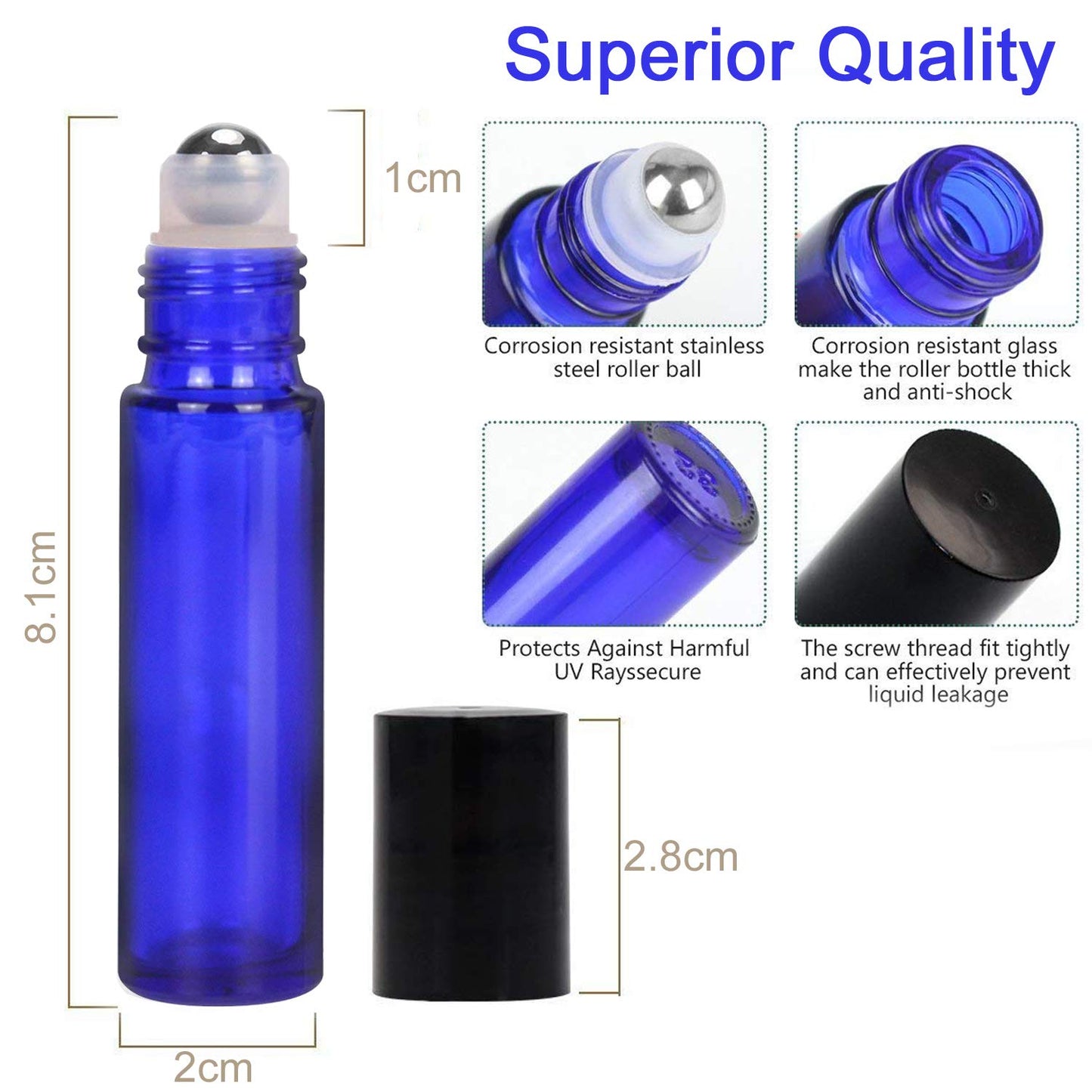 Alledomain 8Pcs 10ml Essential Oils Roller Bottles, Refillable Cobalt Blue Glass Roll on Bottles with Stainless Steel Balls, Include 12 Labels, 1 Dropper & Opener, Perfect for Aromatherapy